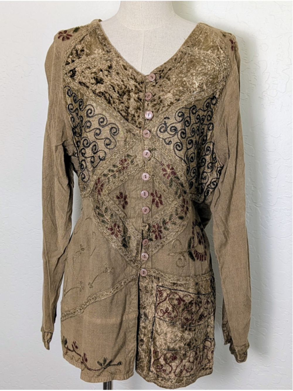 Boho Patchwork Velvet Embroidered Top Lagenlook Artsy Button Front Rayon Blouse
